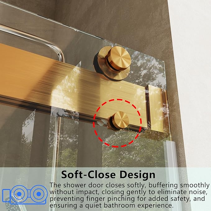 Frameless Soft-Close Bathtub Shower Door, 56"-60 "W, 66 "H, 3/8" (10 mm) Clear Tempered Glass, Double Sliding Doors, Brushed Gold Finish
