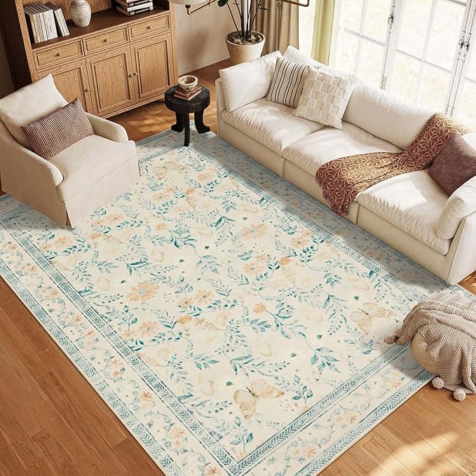 Floral Rug for Living Room Bedroom, 5x7 Washable Rug, Beige Vintage Boho Area Rug, Large Non Slip Low Pile Wool Carpet for Indoor Dining Room,Girls Room,Nursery Room and Kids Room(Beige 5x7ft)