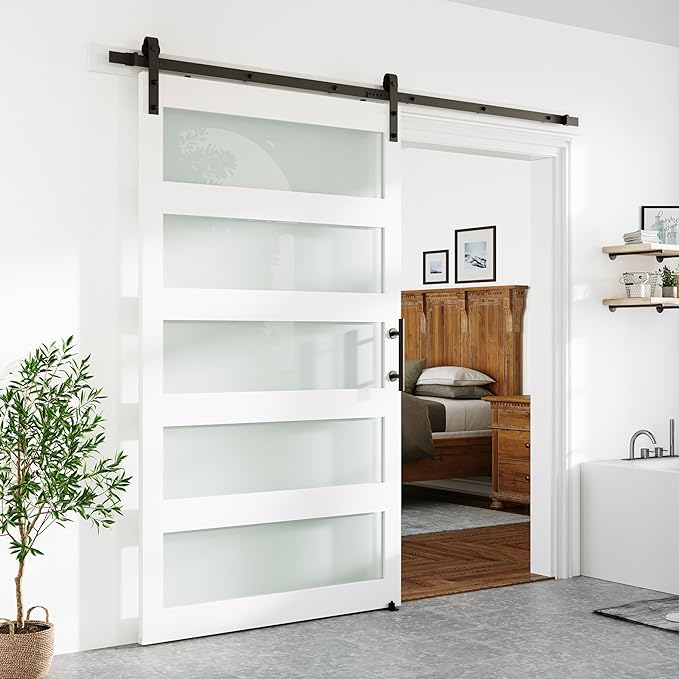 SmartStandard 48 x 84 in Glass Barn Door with 8FT Sliding Hardware Kit & Handle, Pre-Drilled Ready to Assemble, Waterproof PVC Coating, White, 5-Panel Glass