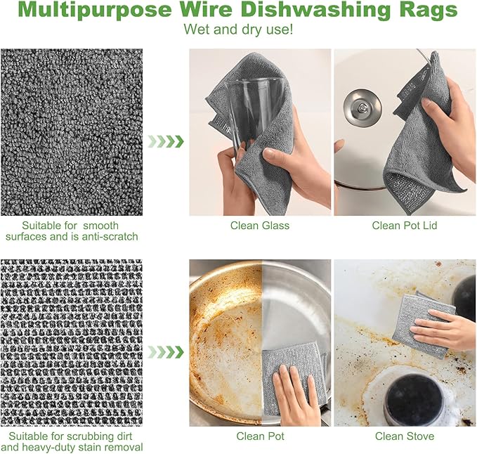 20Counts Multipurpose Wire Dishwashing Rag,Non Scratch Wire Dishcloth,Microfiber Miracle Cleaning Cloth with Mesh,Dual-Sided Steel Mesh Cloth for Pot,Metal Scrubber for Washing Dishes,Grey&Blue