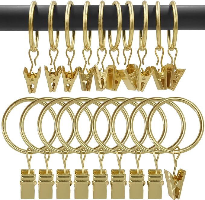 90 Pack Curtain Rings with Clips, Drapery Clips with Rings, Drapes Rings 1.26 in Interior Diameter, Fits up to 1 in Curtain Rod, Gold Color