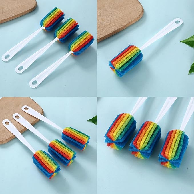 3PCS Cleaning Bottle Sponge Brush with Long Handle Scouring Pad Scrub Brushes for Kitchen Clean Glasses Mugs Cups
