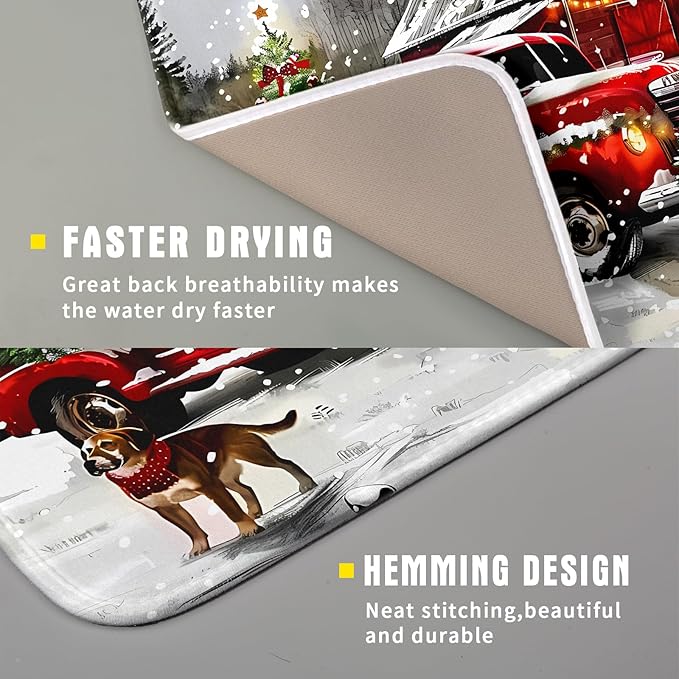 Red Truck Christmas Dish Drying Mat for Kitchen Counter 16x18 Inch Winter Xmas Tree Snowman Dog Print Absorbent Reversible Microfiber Drying Mats Kitchen Countertop Protector Dishes Drainer Rack Pad