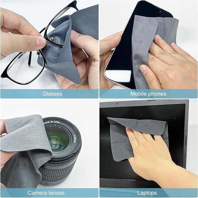 TENOC 15 Pack Microfiber Cleaning Cloths for Electronics, Camera Lenses, Eyeglasses, Cell Phone and Laptop Screens, Safe and Effective Wipe Kit, Gray (6"x6")