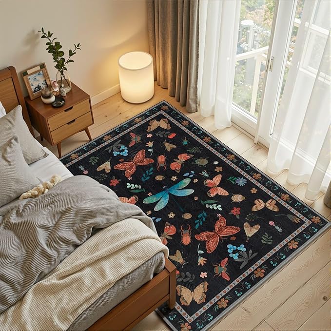 3x5 Rug for Entryway Bedroom, Black 3x5 Washable Area Rug, Floral Vintage Retro Boho Throw Rug, Non Slip & Low Pile Small Carpet for Indoor Kitchen, Bedside, Living Room, Bathroom and Dining