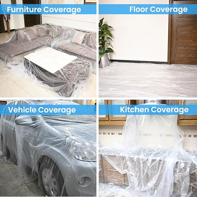 Dirt Defence Plastic Drop Cloth, 9x12 Ft Plastic Sheeting for Painting, Waterproof & Dust-Proof,Tear-Resistance Plastic Tarp for Painting, Floor, Furniture Cover Thick & Durable (6 PCS)