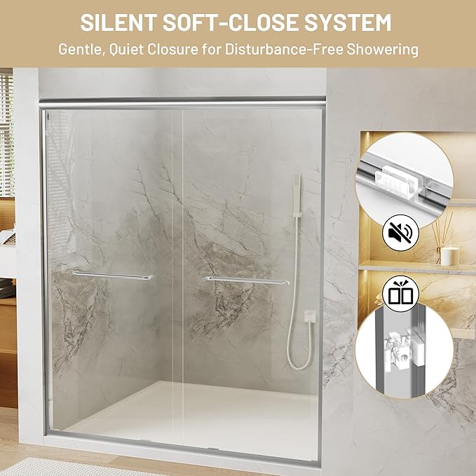 44-48" W x 70" H Double Sliding Shower Door, Semi-Frameless Shower Door with 1/4"(6mm) Clear Tempered Glass, Silent Soft-Close Door for Walk-in Shower, Brushed Nickel