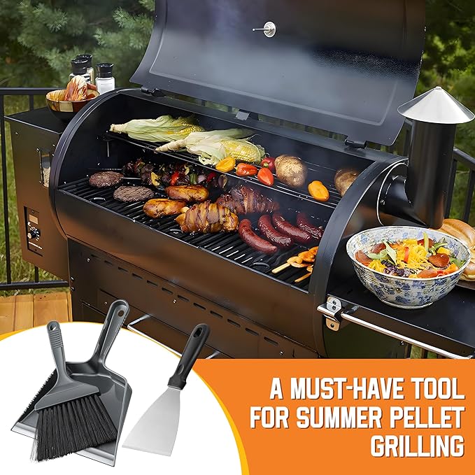 3 Piece Pellet Grill Ash Cleaning Kit, Includes Large Dust Pan, Soft Bristle Brush and Metal Scraper for Easy Removal of Ash, Debris and Grime