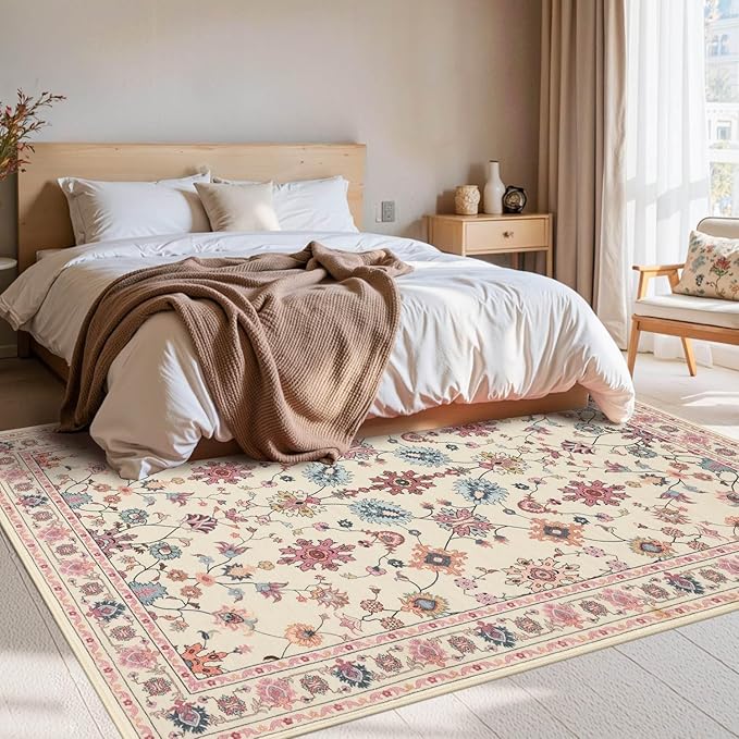 Pink Rug for Living Room Bedroom, Floral 4x6 Washable Rug,Vintage Boho Area Rug, Large Non Slip Flower Carpet for Indoor Dining Room,Girls Room,Nursery Room and Kids Room(Blush Pink 4x6ft)