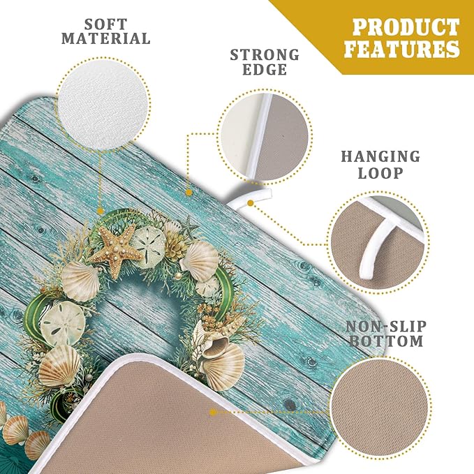 Hello Summer Dish Drying Mat for Kitchen Counter,Sea Shell Starfish Coastal Wreath Drying Mat 16 x 18 Inch with Absorbent Reversible Microfiber Drying Pad for Coffee Bar