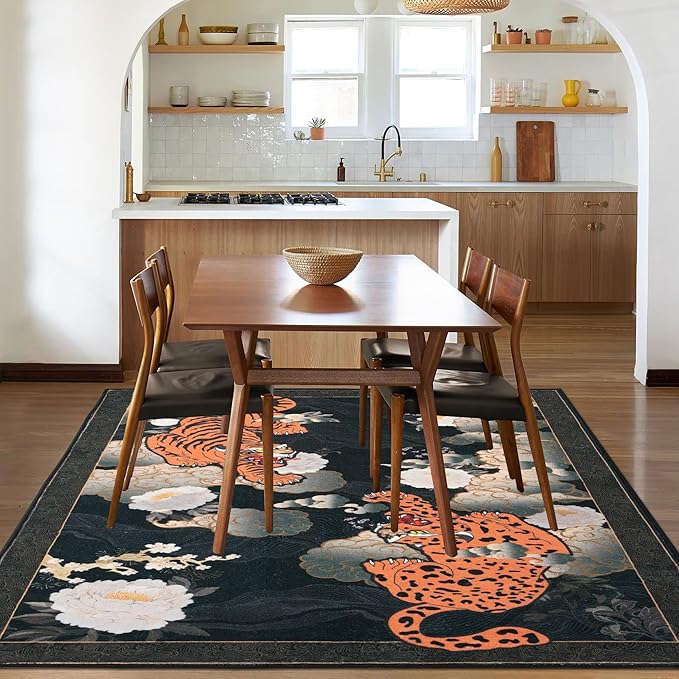 Japanese Tiger 5X7 Area Rug, Washable Black Leopard Tiger Rugs for Living Room, Vintage Large Soft Dining Room Rug, Non Slip Ultra Thin Stain Resistant Floor Carpet for Home Office Bedroom