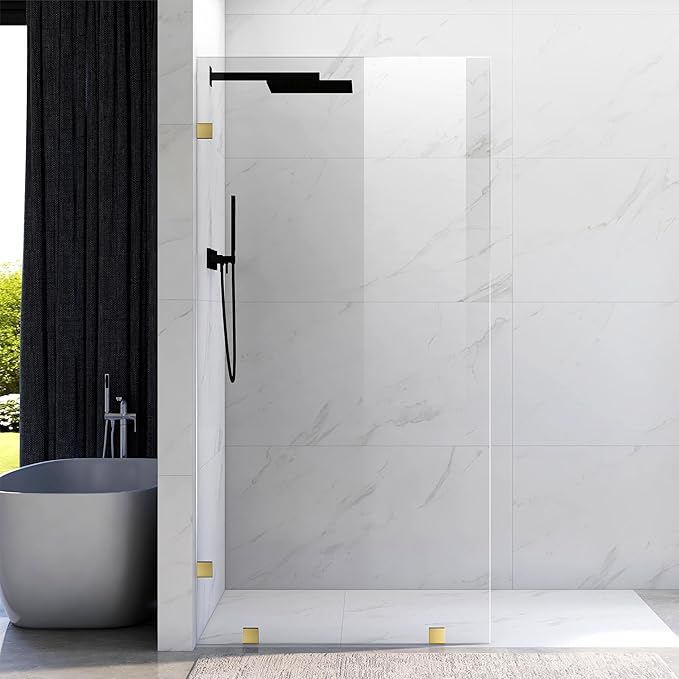 43" W ×80" H Shower Glass Panel, Frameless Fixed Glass Shower Panel with Clamps, 3/8" (10mm) Thick Clear Certified Tempered Shower Door, Bathroom Shower Screen in Satin Brass UKH07B2-43X80-SB