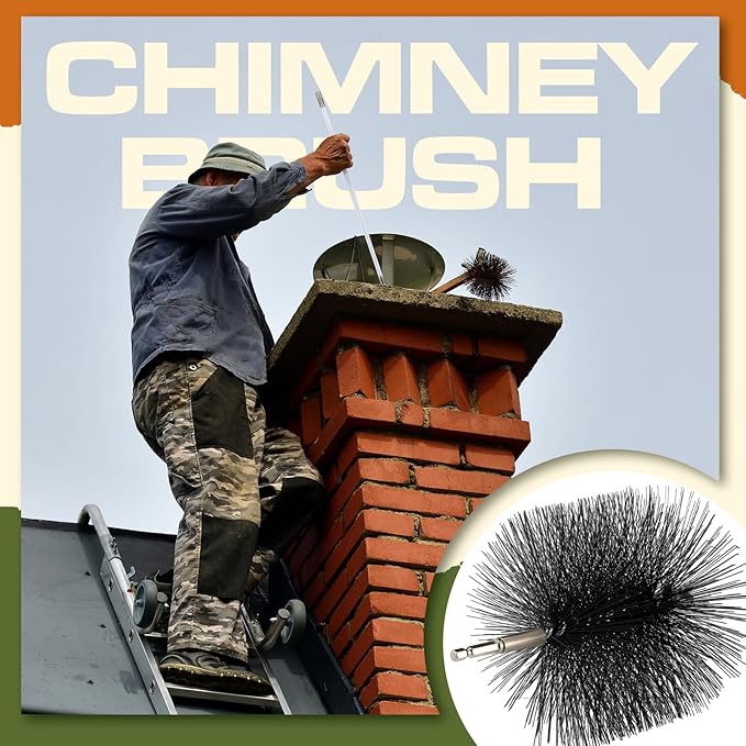 Wire Chimney Cleaning Brush with 1/4 Npt Fitting and 12 Rods, 6 Inch Round Steel Chimney Cleaning Brush and 16 Inch Fiberglass Rods for Hearth Fireplace(All-in-one)