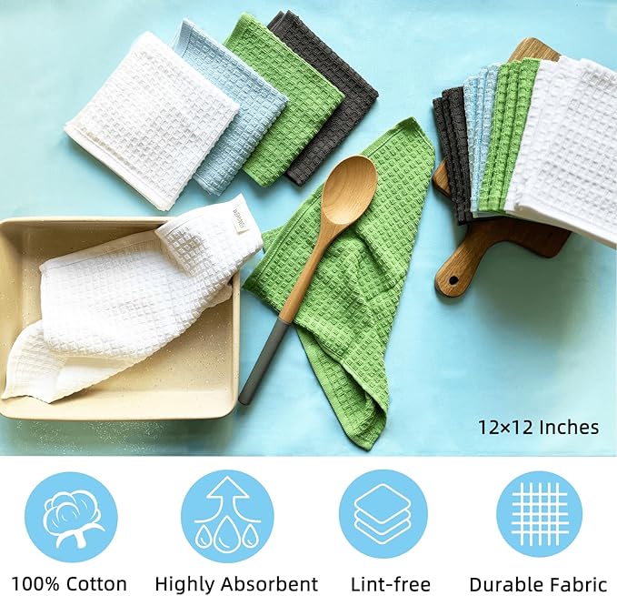 Cotton Dishcloths Set for Home and Kitchen Cleaning- 12x12 Inches Pack of 6- Dish Cloths,Dish Towels,Dish Rags - with Hanging Loop - 100% Cotton,Soft,Absorbent (Mix Color, 6)