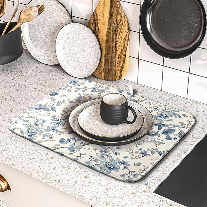 Chinoiserie Trees Dish Drying Mat for Kitchen Counter,Bule Bird Flowers Drying Mat 16 x 18 Inch with Absorbent Reversible Microfiber Drying Pad for Coffee Bar