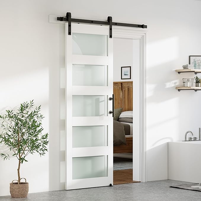 SmartStandard 28 x 84 in Glass Barn Door with 5FT Sliding Hardware Kit & Handle, Pre-Drilled Ready to Assemble, Waterproof PVC Coating, White, 5-Panel Glass