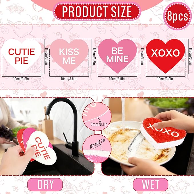 Whaline 8Pcs Valentine’s Day Kitchen Sponges Water Absorbing Dish Washing Sponge Red Pink Conversation Heart Non Scratch Cleaning Scrub Sponges for Holiday Home Kitchen Bathroom