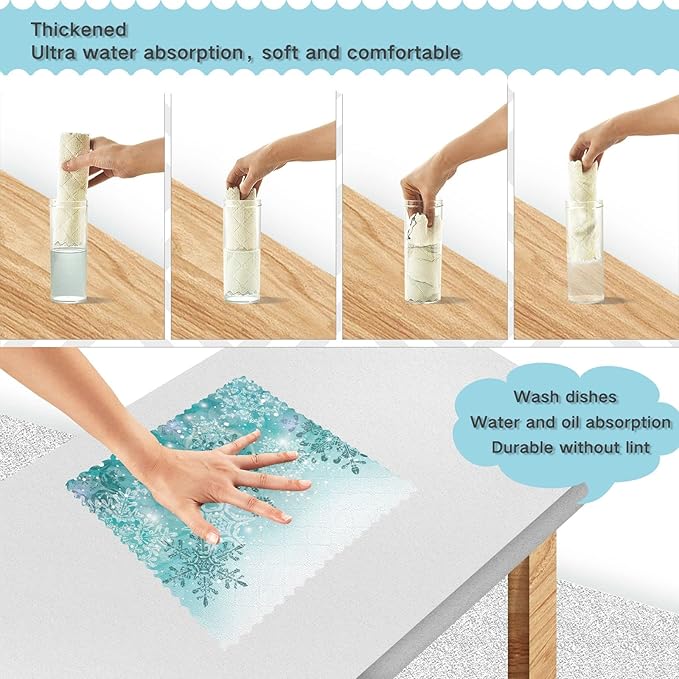 ALAZA Dish Towels Kitchen Cleaning Cloths Silver Winter Teal Turquoise Snowflakes Christmas Dish Cloths Absorbent Kitchen Towels Lint Free Bar Tea Soft Towel Kitchen Accessories Set of 6,11"x11"