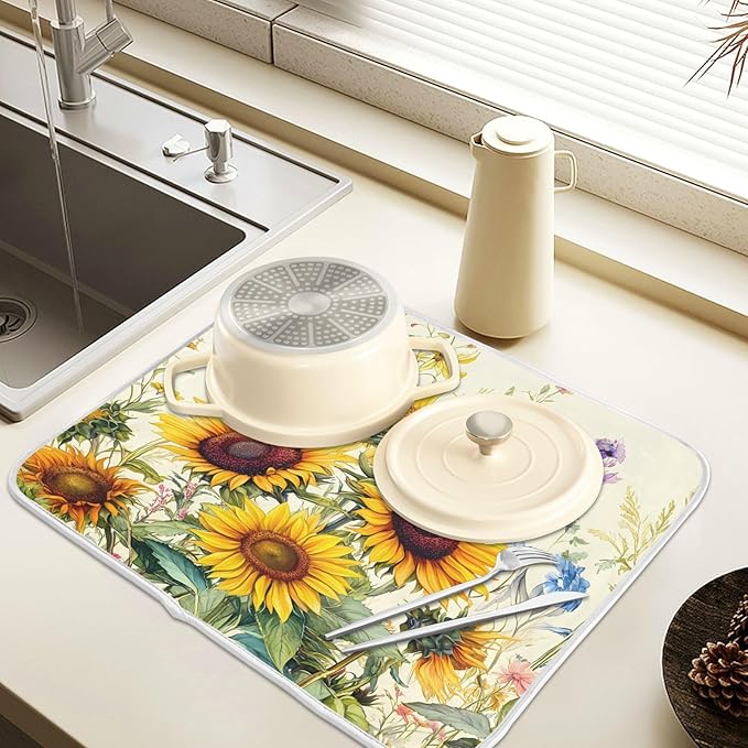 Blooming Sunflowers Dish Drying Mat for Kitchen Counter Absorbent Microfiber Small Drying Pad Dish mats for Kitchen Countertops 16 x 18 Inch