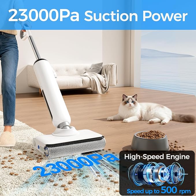 Cordless Wet Dry Vacuum Cleaner, 23KPa Vacuum Mop for Hard Floors, Up to 45 Min Runtime, 180° Lay-Flat Design with Hot Water Self-Cleaning & 185°F Hot Air Drying, Anti-Tangle Brush for Pet Hair