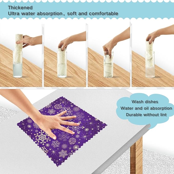 Dish Towels Kitchen Cleaning Cloths Winter Violet Purple With Gold Snowflakes Christmas Dish Cloths Super Absorbent Kitchen Towels Lint Free Bar Tea Soft Towel Kitchen Accessories Set of 6,11"x11"