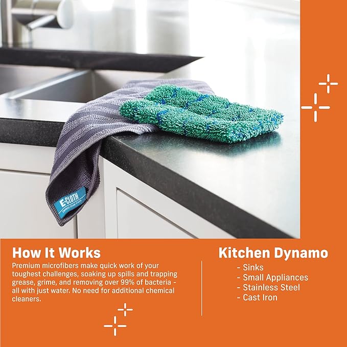 E-Cloth Kitchen Dynamo, Premium Microfiber Non-Scratch Kitchen Dish Scrubber Sponge, Ideal for Dish, Sink and Countertop Cleaning, 100 Wash Guarantee, Blue, 2 Pack