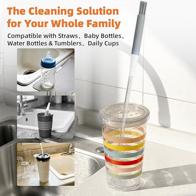 PROOCI Straw Cleaner Brush for Stanley, 2-Pack Multi 3 in 1 Extra Long Straw Cleaning Brush Set for Reusable Straws, Tumblers, Lids, Sippy Cups, Water Bottle, Nipples & Fine Gaps - Orange & Gray