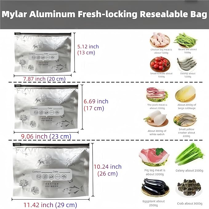FERENLI 20 pcs 11.4x10.2inch Reusable Aluminum Foil Food Storage Bags with Label Zipper Seal Lock Stand up Freshness Freezer Bags for Meat Fish Vegetables Fruit Seafood Kitchen Organization