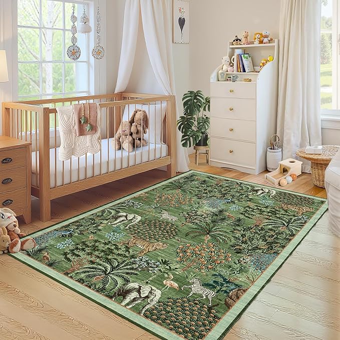 GarveeHome Jungle Animal Print Rug 4x6 Washable Area Rugs for Living Room, Forest Rug Non Slip Soft Low Pile Stain Resistance Throw Carpet for Bedroom Kids Playroom Nursery, Forest Green