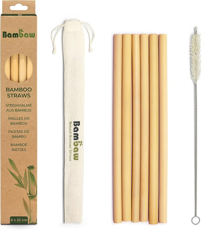Bambaw Reusable Bamboo Straws - Eco Friendly with Straw Cleaner Brush & Pouch, Pack of 6 - 8.7''