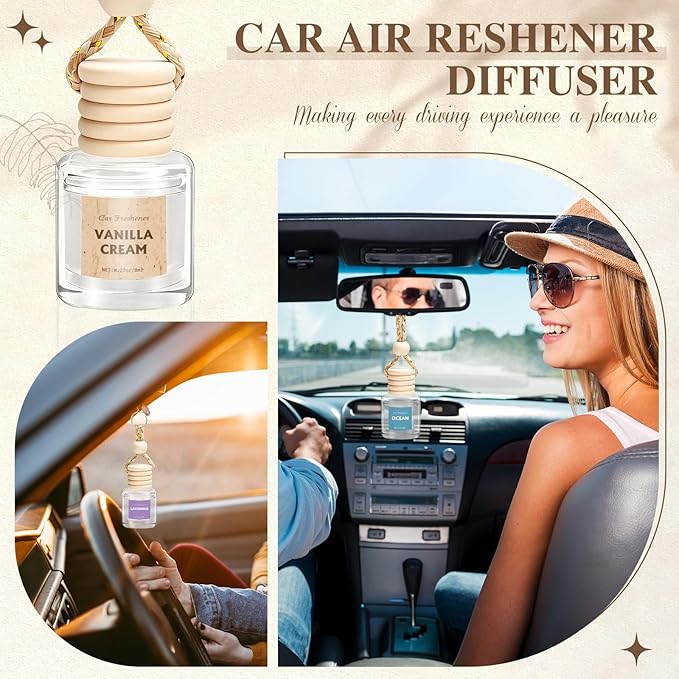 AROIC 4 Pack Car Air Freshener, Wooden Lid Essential Oil Car Diffuser, Natural Long Lasting Scent for Auto Interior, Mothers Day Gifts for Mom Women - Mahogany/Lavender/Ocean/Vanilla Cream