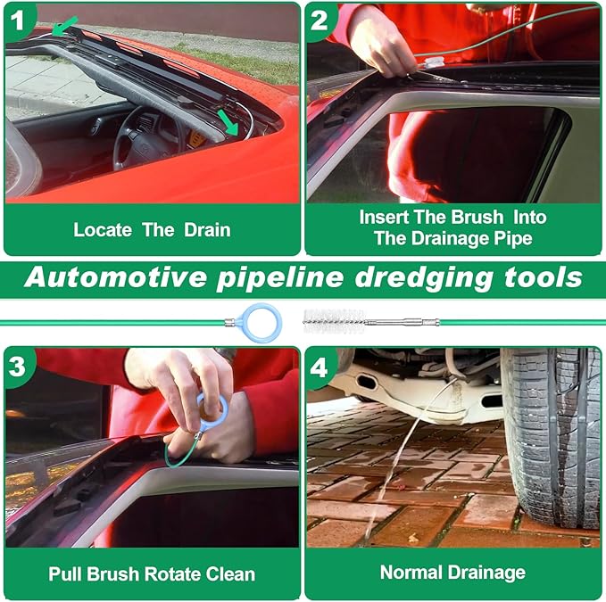 Auto Sunroof Drain Cleaning Tool,394Inch Long Pipe Cleaner for Car,Flexible Tube Cleaning Brush with 2Pcs 7.9inch Cleaning Brush Skinny Pipe Drain Dredge Cleaning Tool for Car Sunroof Wiper Drain Hole