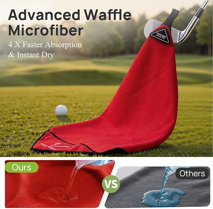 Magnetic Golf Towel - Exclusive Cleaning Pocket–18"x18"–Strong Magnet for Golf Cart or Clubs, Spot-Clean Design, Ultra Absorbent Waffle Microfiber–Golf Accessories & Gift for Men(Red 1 Pack)