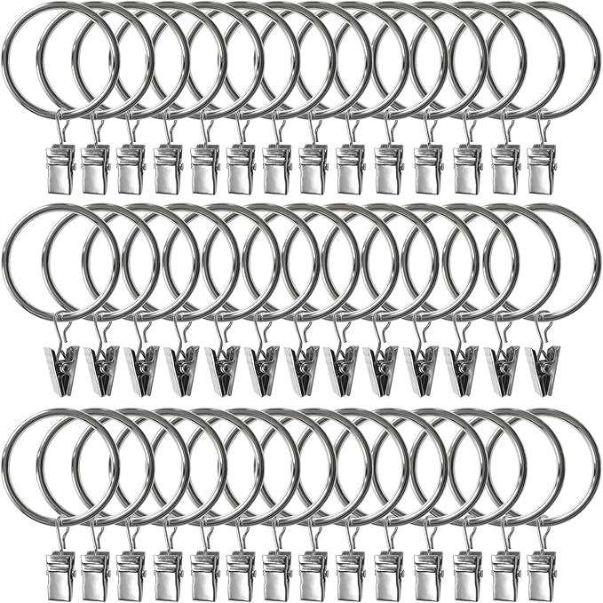 40 Pack Metal Curtain Rings with Clips, Drapery Clips Hooks, Decorative Curtain Rod Clips 1.5 in Interior Diameter, Silver