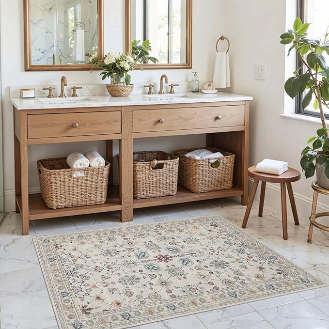 Door Mat Floral Entryway Rug, Washable Samll 2x3 Rug, Boho Front Door Mat, Non Slip Area Rugs, Low Pile Throw Accent Carpet for Indoor Entrance, Bathroom and Kitchen(Grey 2x3ft)