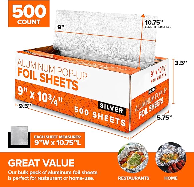 500 Count Pre-Cut Deli Aluminum Wraps – 9” Pop-Up for Restaurants, Disposable for Burritos, Hot Dogs, Sandwiches – Stock Your Home