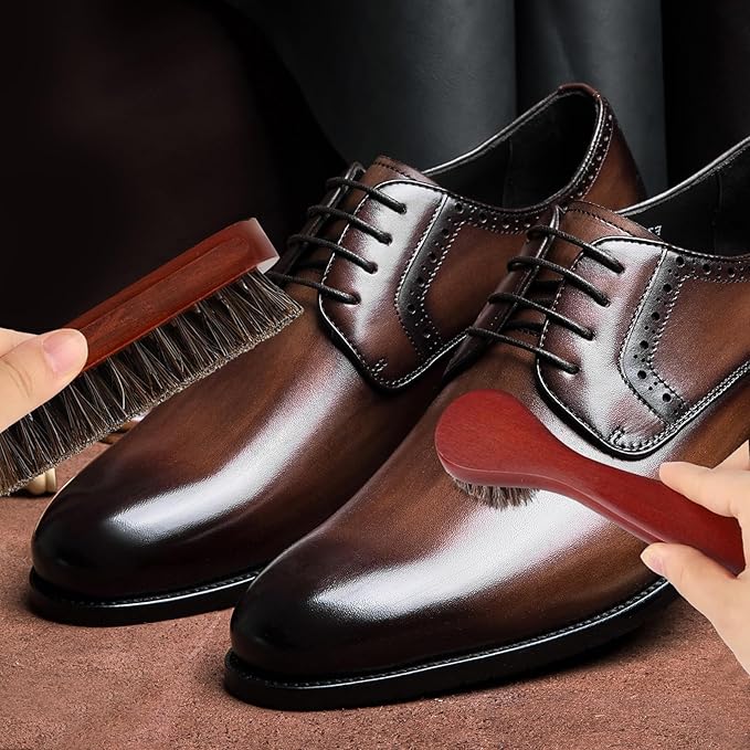 3 Pcs Shoe Brush Kit, Premium Horsehair Shoe Brush with Shoe Polishing Glove for Leather, Professional Boot Brush Shoe Polish Kit for Cleaning (3, Brown)