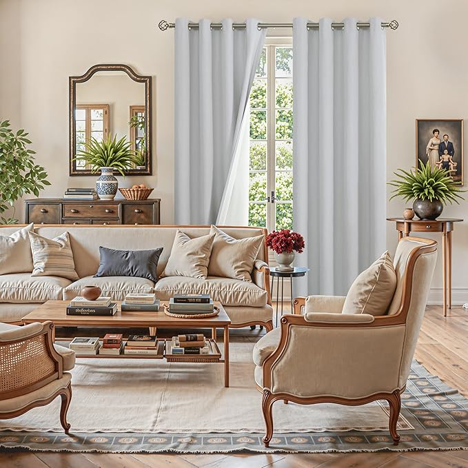 YoungsTex Light Grey Linen Blackout Curtains 84 Inches Length 2 Panels, Thermal Insulated Window Drapes with Grommet Darkening Heat Blocking for Living Room Bedroom Dining, 52 X 84 Inch
