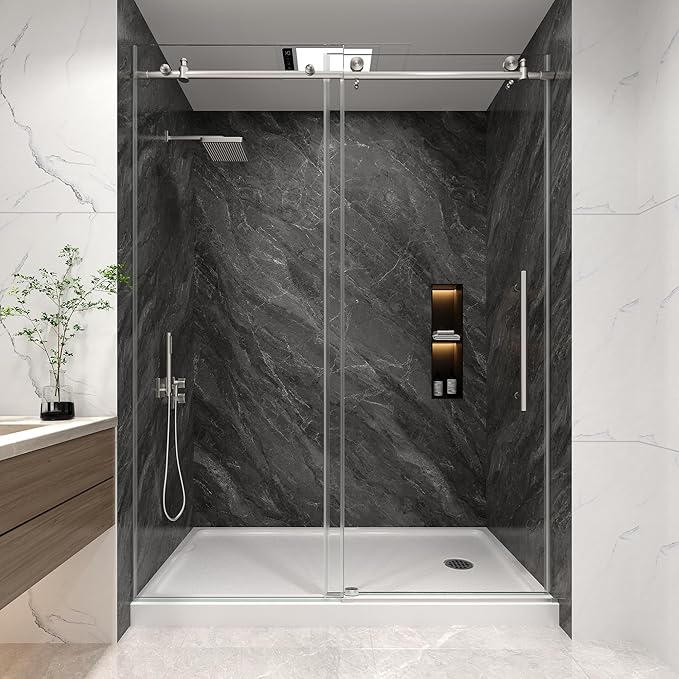 KPUY Frameless Shower Door, 43-48" W x 76" H Sliding Glass Shower Door, 1/4" (6mm) Thick Tempered Clear Glass with Explosion-Proof Film Nano Coating, Stainless Steel Hardware, Brushed Nickel