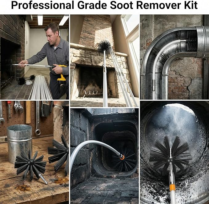 20feet Chimney Sweep Kit with 15 Flexible Rods, Dual Brush Heads (3. 9" & 5. 9") for Efficient Fireplace & Stove Pipe Cleaning, Professional Grade Soot Remover for DIY Home Maintenance