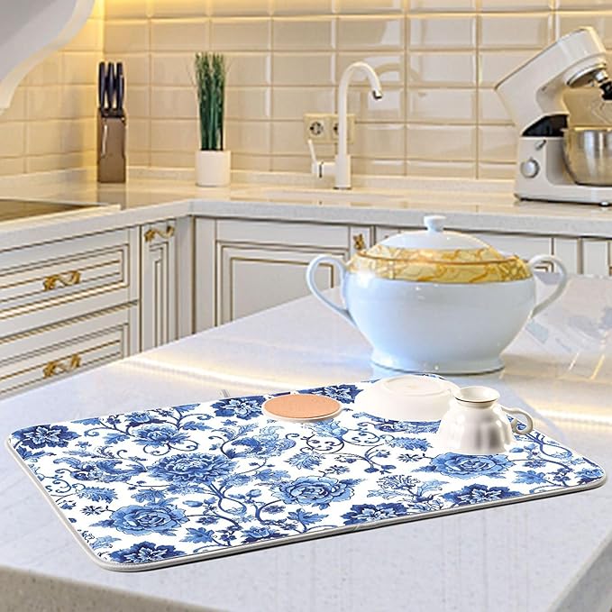 Blue White Porcelain Peony Dish Drying Mat for Kitchen Countertop 16x18 Rectangle Small Drying Mat Reusable Quick Dry Dish Sink Absorbent Mats Dishwasher Easy Clean Decorative Home Decor Essentials