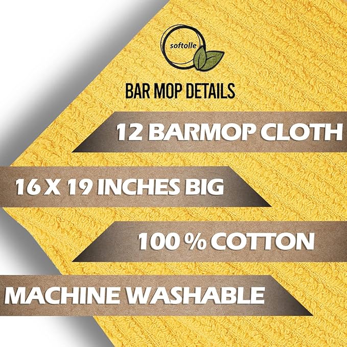 Softolle Bar Mop Towels, Pack of 12-16x19 Inches - 100% Cotton Super Absorbent Towels, Multi-Purpose for Home and Bar Cleaning (Yellow, Orange, Light Green, Aqua)