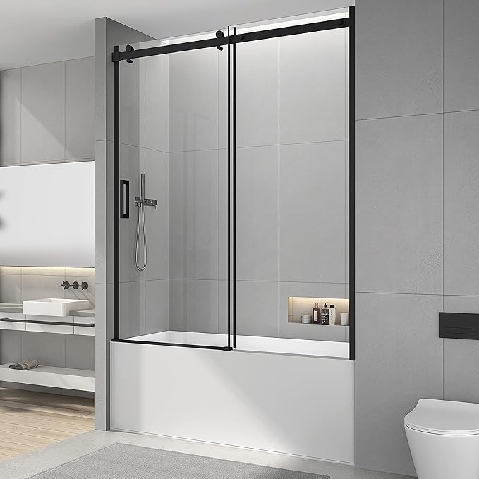 Sunrosa Semi-Frameless Tub Shower Door, 59-2/8"W ×60" H Single Sliding Shower Door, Bathtub Shower Door with Tempered Glass 5/16"(8mm), Glass Shower Door for Bathtub in Matte Black