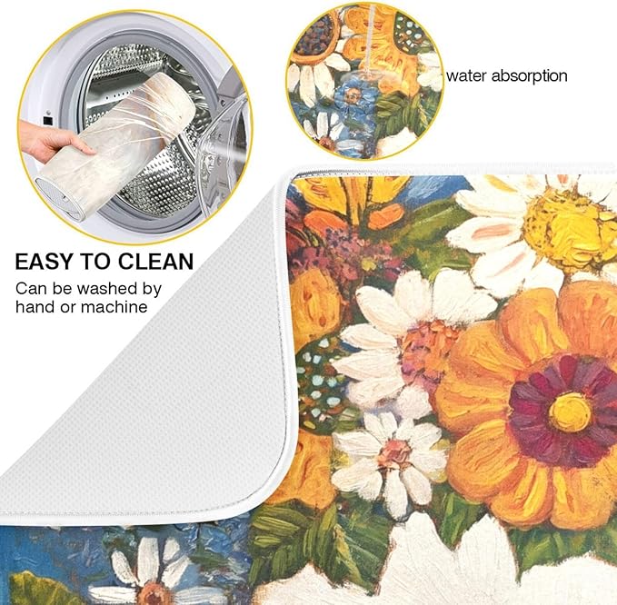 White Cat Colorful Flowers Pattern Dish Drying Mat for Kitchen Counter Super Absorbent Drying Mat 16x18 inch Large Dish Drying Matts for Countertop Protector Dishes Pad