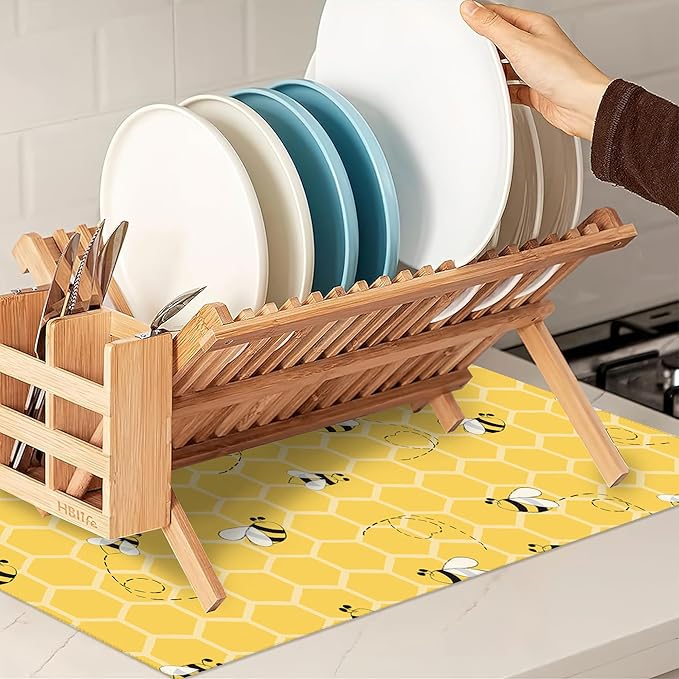 Yellow Bees Dish Drying Rack Mats Decor,Honey Honeycombs Dish Pad Drying Mat Kitchen Counter 18x24 Inch Absorbent Reversible Microfiber for Coffee Bar Sink Countertop