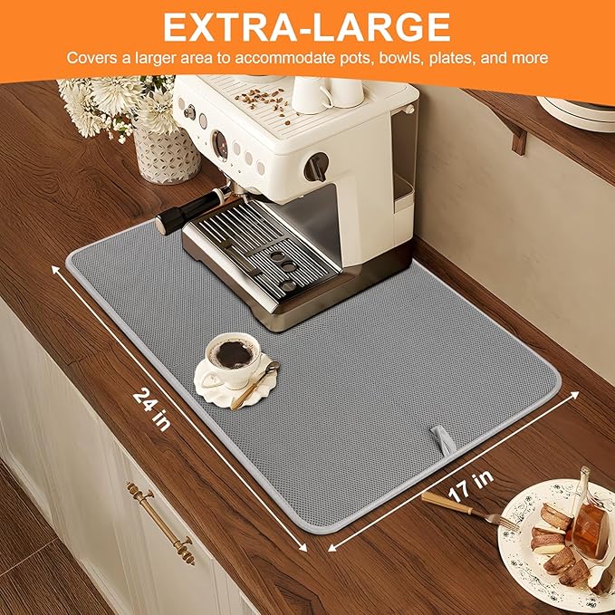Dish Drying Mat 24 x 17 in, Large Microfiber Drying Mats, Absorbent Quick Dry Pad for Kitchen Counter, Countertop Protector for Dishes, Pots & Pans, Machine Washable, Gray (2 PCS)