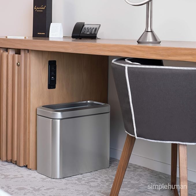 simplehuman 25 Liter / 6.6 Gallon Slim Open Top Small Trash Can, Commercial Grade Heavy Gauge Office Trash Can, White Stainless Steel