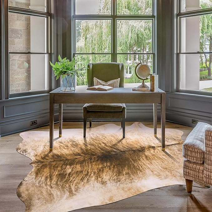 Amearea Premium Faux Cow Hide Rug, Large, Yellow Cow, 6.2x5.2 Feet, Rustic, Animal Pattern, Suede Backing, Non-Slip, Machine Made, Area Rug