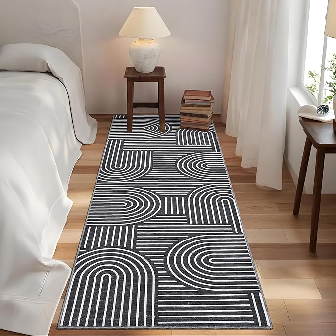 Modern Rug 2.5x10 Runners for Hallways, Abstract Kitchen Runner Rugs Non Slip Bath Mat, Rainbow Washable Runner Rug for Bedroom, Soft Long Rugs for Entryway Bathroom Laundry Dorm, Black