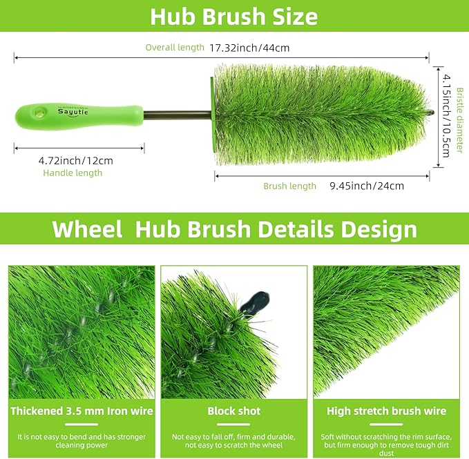 Wheel Cleaning Brush Hub Clean Tool and Rim Detailing Brush with Soft Bristles,Safe On All Wheel Types,Multipurpose Use for Wheels,Rims,Exhaust Tips,Car,Motorcycles,Truck (Green)